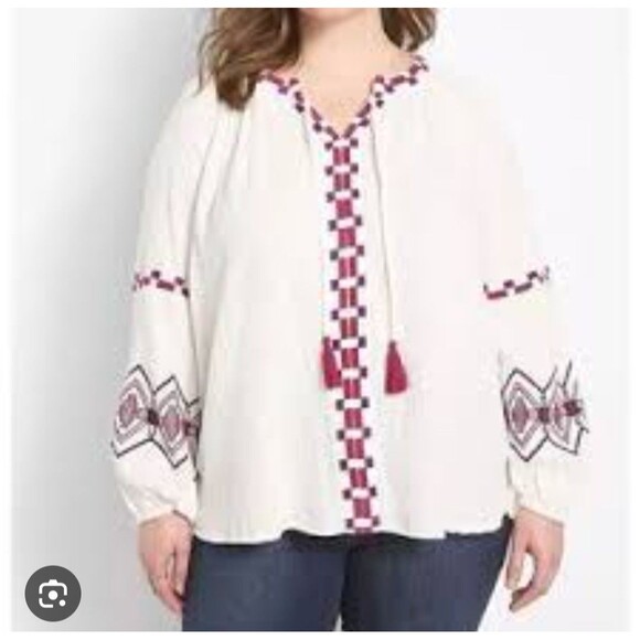 Lane Bryant Blouse Womens 18 Embroidered Boho Peasant Top Long Sleeve Tassel - Picture 1 of 11